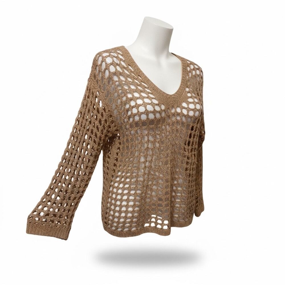 Vintage Open Knit Crochet Sweater Tan Oversized XL